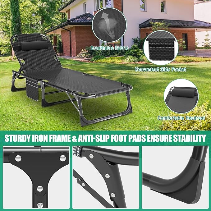 Camping Cot Adjustable 4-Position Adults Reclining Folding Chaise with Pillow Outdoor Portable Lounge Chair Sleeping Cots Bed Perfect for Camping Pool Beach Patio