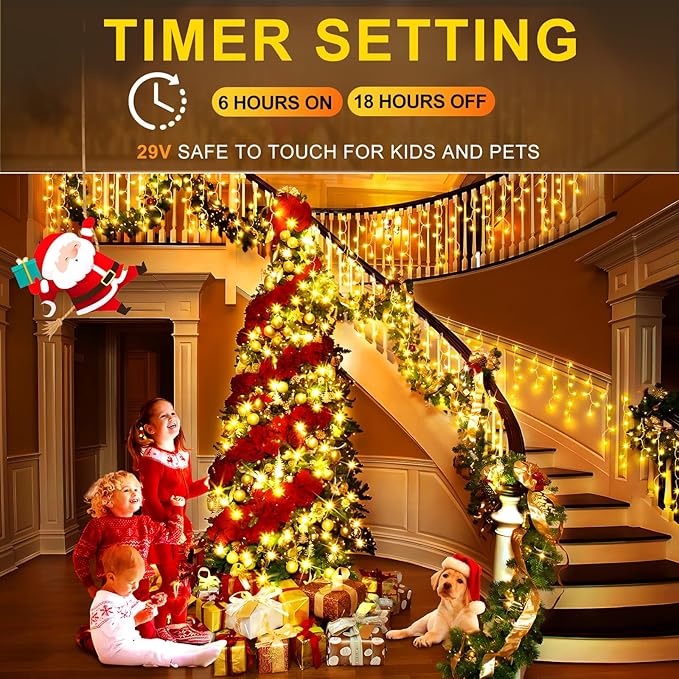 KNONEW Christmas Lights Outdoor Color Changing 400 LED 33ft 11 Modes Curtain Fairy String Light with 75 Drops Clear Wire LED Lights for Wedding Party Holiday Christmas (Warm White to Multicolor)