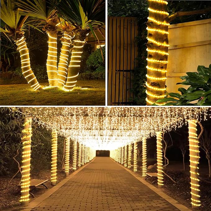 New Upgraded Solar Rope Lights 500 LED 170ft 19 Modes Solar Powered &amp USB Rechargeable String Lights Outdoor Waterproof with Remote Timer Dimmable for Pool Yard Party Wedding Christmas (500LED-War