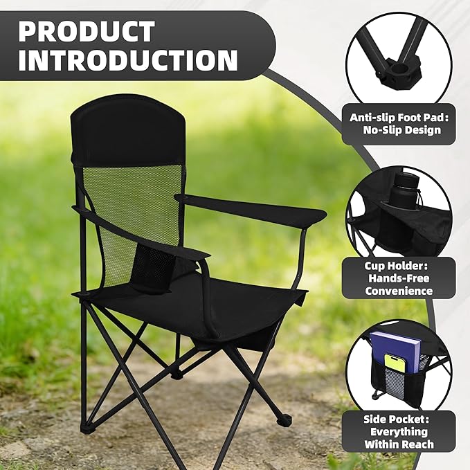 Lightweight Camping Chair for Adults 300lbs Capacity Foldable Portable Lawn Chair with Carry Bag Outdoor Chair for Camping Lawn Beach &amp Travel Black