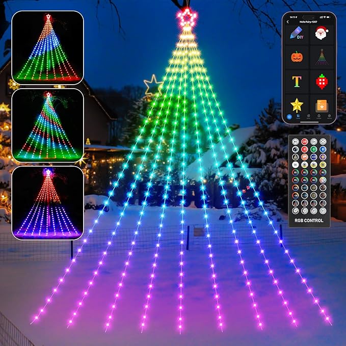 16.4FT Outdoor Christmas Decorations Smart RGB Color Changing Christmas Hanging Waterfall String Lights APP Remote Control DIY Multi-Color Lightshow Music Sync Outside Xmas Lights Decor