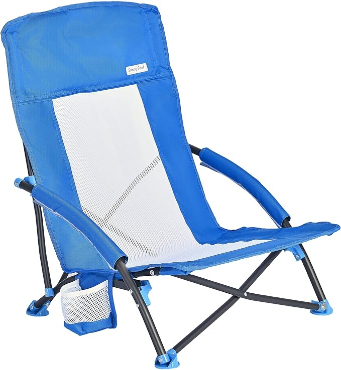 SUNNYFEEL Low Folding Beach Chair for Adults Portable Lightweight Sling Beach Camping Chairs with Cup Holder ArmrestFoldable Camp Lawn Chair for Outdoor Sand Concert Travel Sport Events300LBS