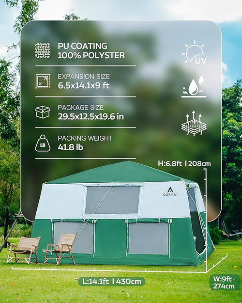 14.1'x6.5'x9' Inflatable Tents for Camping Portable 6/8/10 Person Blow Up Air Tent Waterproof Windproof Easy Setup Large Family Tent with 2 Doors 6 Windows Mosquito Screen