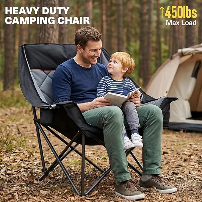 Oversized XL Camping Chair for Adults Heavy Duty | 450LBS Support Padded Folding Lawn Chairs with Side Pocket Cup Holder Cooling Bag for Outdoor Sports Garden Beach Fishing