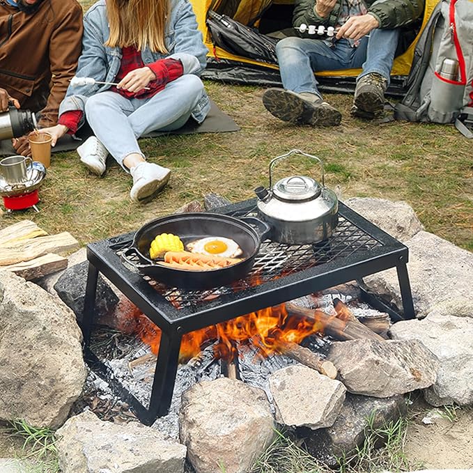 VEVOR Folding Campfire Grill 18 Portable Camping Grates Over Fire Pit Heavy Duty Steel Mesh Grate Camp Fire Cooking Equipment with Legs Carrying Bag Grilling Rack for Outdoor Open Flame Cooking