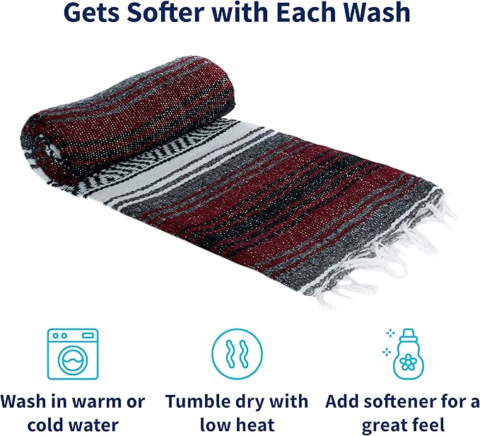 La Montana Mexican Blankets and Throws 4 Pack 74x50 - Made in Mexico Lightweight Yoga Blanket for Schools Studios Outdoors Camping Picnic Decor - Machine Washable Burgundy/Charcoal/White