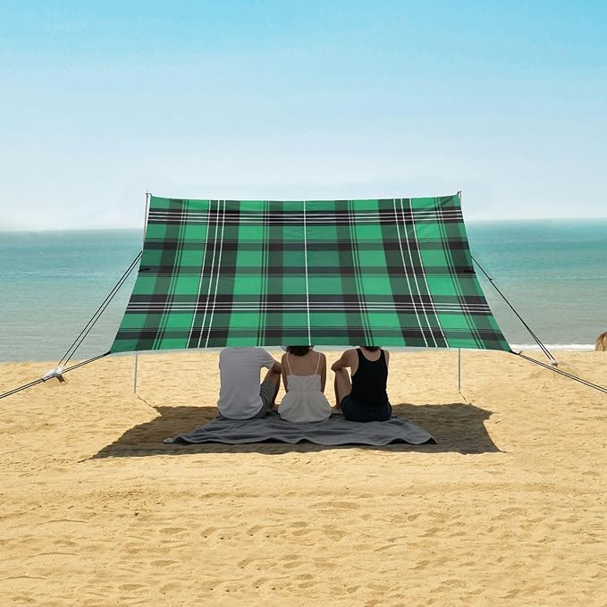 Plaid Texture Green Beach Tent Sun Shelter 9.2' x 10.5' Beach Canopy with 4 Sandbags 4 Stability Poles Sand Shovels - Tent Canopy for Beach Camping Fishing Picnics