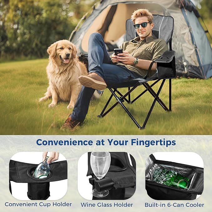Oversized Padded Camping Chair Heavy Duty Steel Frame 450 lb Capacity Folding Camp Chair with 6-Can Cooler Carry Bag for Outdoor Camping Beach Hiking(Gray &amp Black)