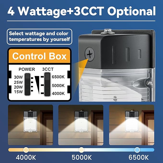 30W LED Wall Pack Light with Dusk to Dawn Photocell 4Pack 3CCT 4000/5000/6500K 15/20/25/30W Selectable LED Wall Lights Outdoor Security Lighting for House Garage Yard Garden 100-277VAC ETL Listed