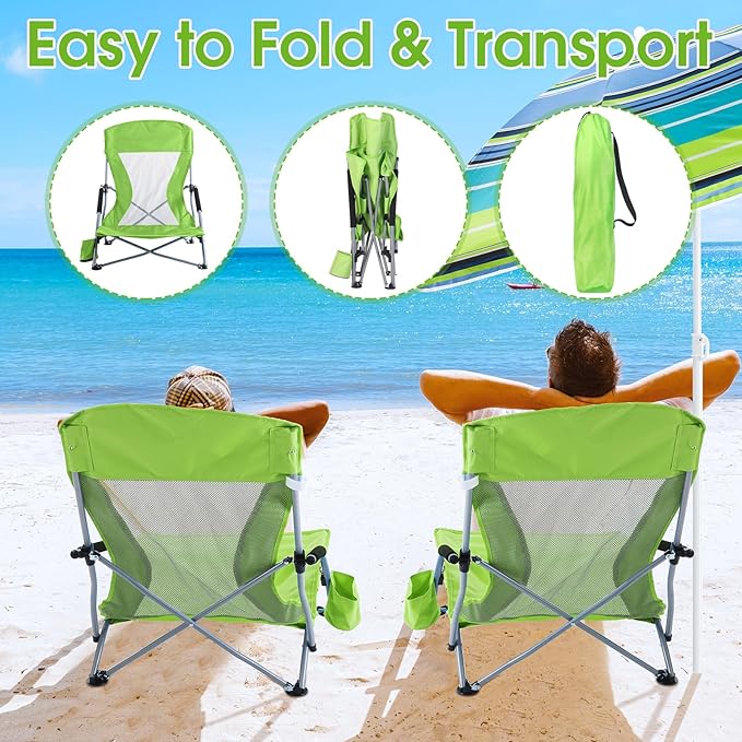 Huwena 2 Pack Beach Chair for Adult with 2 Umbrella Low Folding Chair Detachable Adjustable Lightweight with Armrests Cup Holder Carry Bag Portable for Sand Camping Travel Outdoor Pool(Fruit Green)