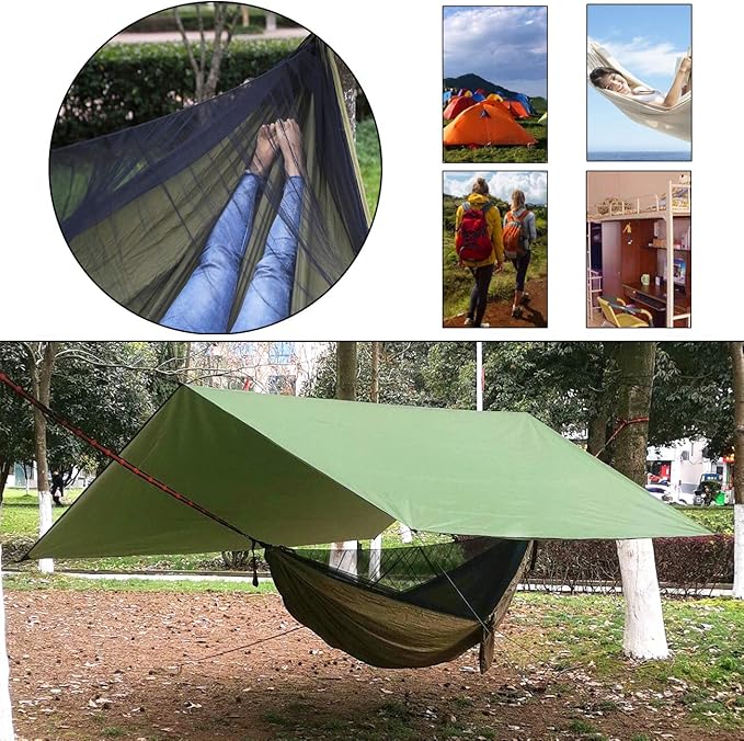 Oversized rain TarpaulinCamping Hammock with Mosquito Net Rain Fly Heavy Duty Tree StrapSingle Double Hammock Tent Waterproof Rainfly SetCamping Backpacking Backyard Patio Hiking Travel Outdoor