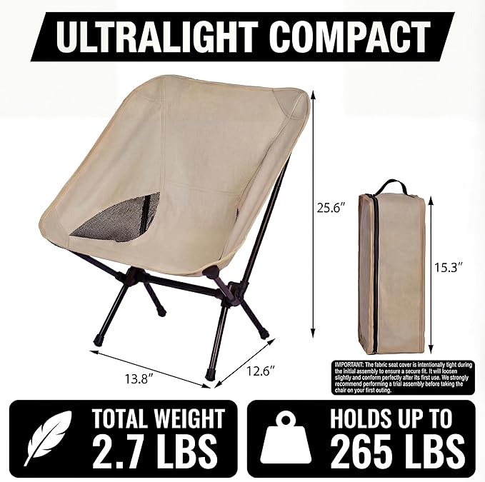 Toucans Camping Chair Portable Backpacking Chair - Ultralight Folding Chair - Compact Lightweight Foldable Chairs for Hiking Mountaineering Beach (Beige)