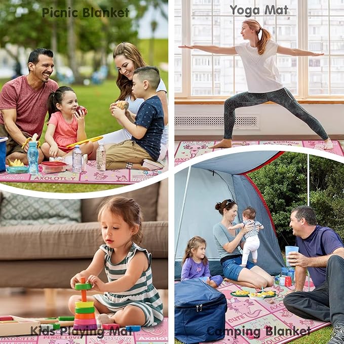 Extra Large Picnic Blankets Waterproof Foldable (80x 80) Axolotl Beach Blanket Waterproof Sandproof3-Layer Thicking Mat Outdoor Packable Camping Blanket