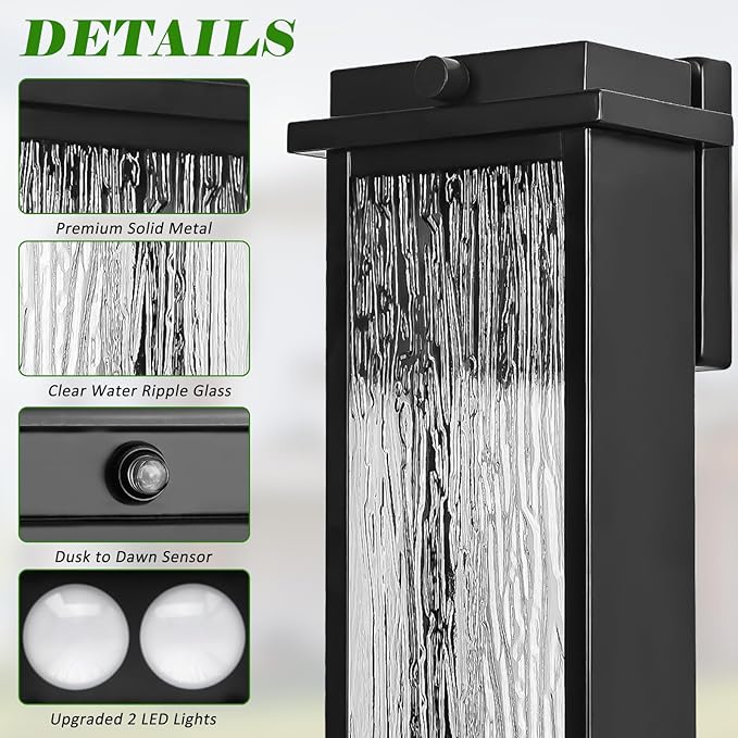 20 Extra Large Dusk to Dawn LED Outdoor Light 2 Packs Black Modern Exterior Lighting Fixtures Outside Porch Lights Wall Mount Mid-Century Wall Lantern with Rippled Glass Patio Sconce Lamp