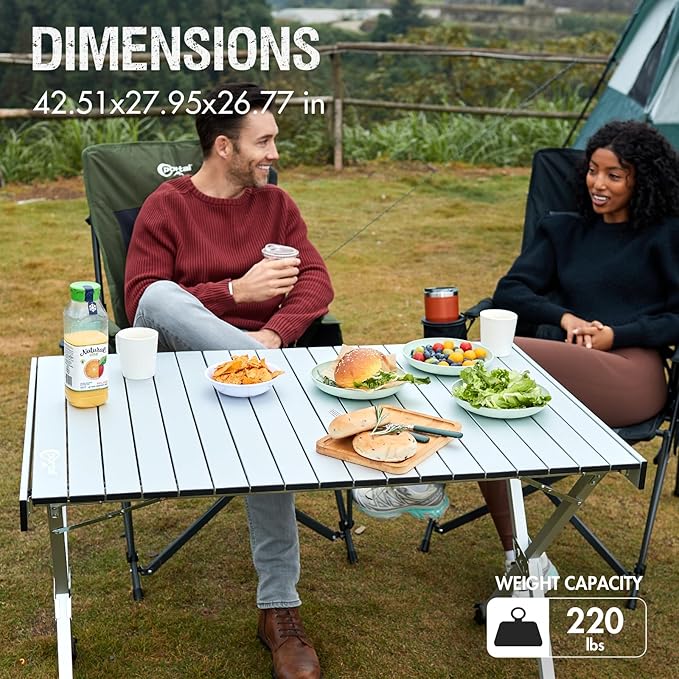 PORTAL Folding Outdoor Camping Table with Adjustable Height Aluminum Roll-Up Top and Carry Bag Big Large Portable Tables for Picnic BBQ and Tailgating Silver