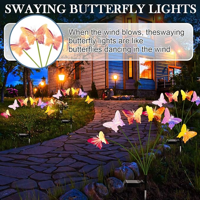 4 Pack Solar Butterfly Lights Outdoor Garden 6 Head Solar Swaying Pathway Stake Lights Waterproof for Yard Lawn Patio Walkway Landscape Decor