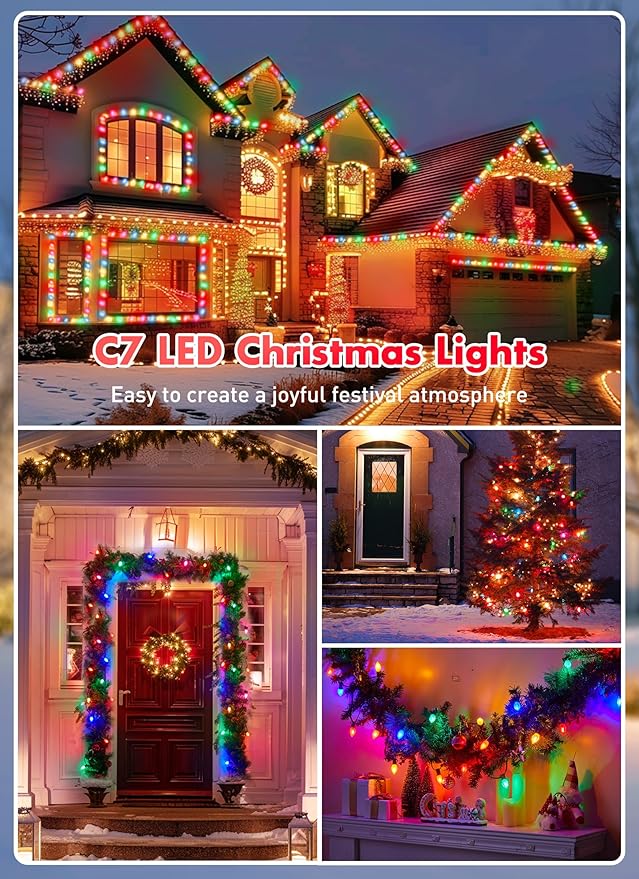 Multicolor C7 LED Christmas Lights Outdoor 100FT Colorful Christmas String Lights with 100+4 Plastic Bulbs Traditional Hanging Holiday Lights for Christmas Tree Patio Fence Roofline Xmas Decorations