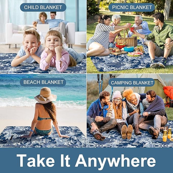 Blue and White Chinese Style Chinoiserie Folk Waterproof Outdoor Picnic Blanket Sandproof Beach Mat for Camping Hiking Grass Travelling
