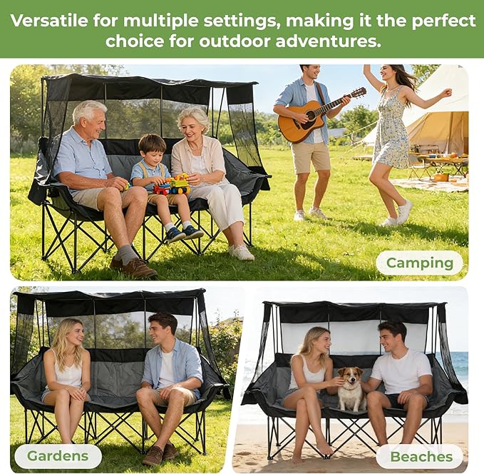 Oversized 3 Person Camping Chair with Canopy Shade Fully Padded Outdoor Folding Camping Chair Suitable For Outdoor Camping Lawns And Backyards Equipped With Cup Holders And A Portable Storage Bag