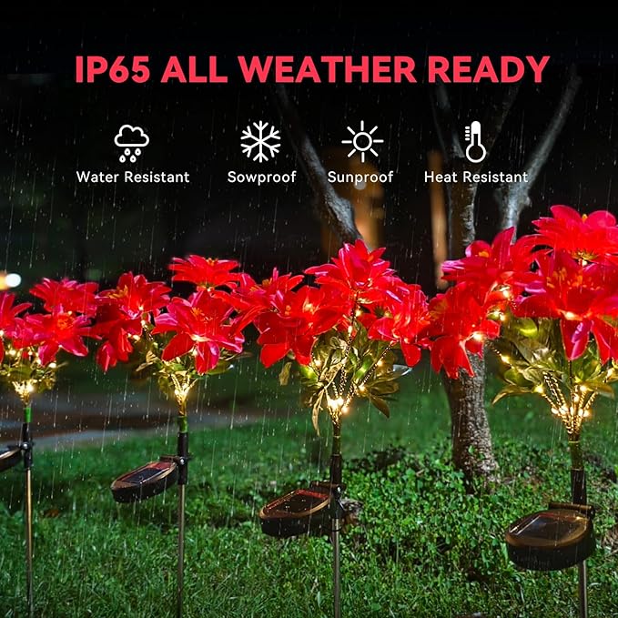 Neporal Solar Flowers Outdoor Waterproof Pink 4PK 7-Stem Garden Solar Lights Decorative 2 Lighting Modes Solar Powered Garden Decor Solar Yard Decor