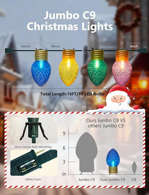 16FT Jumbo Christmas LightsC7 Jumbo Xmas String Light Christmas Outdoor Decorations Lights with 10 Large Diamond Pattern Multicolor Bulb for Holiday Home Roof Yard Garden Decorations