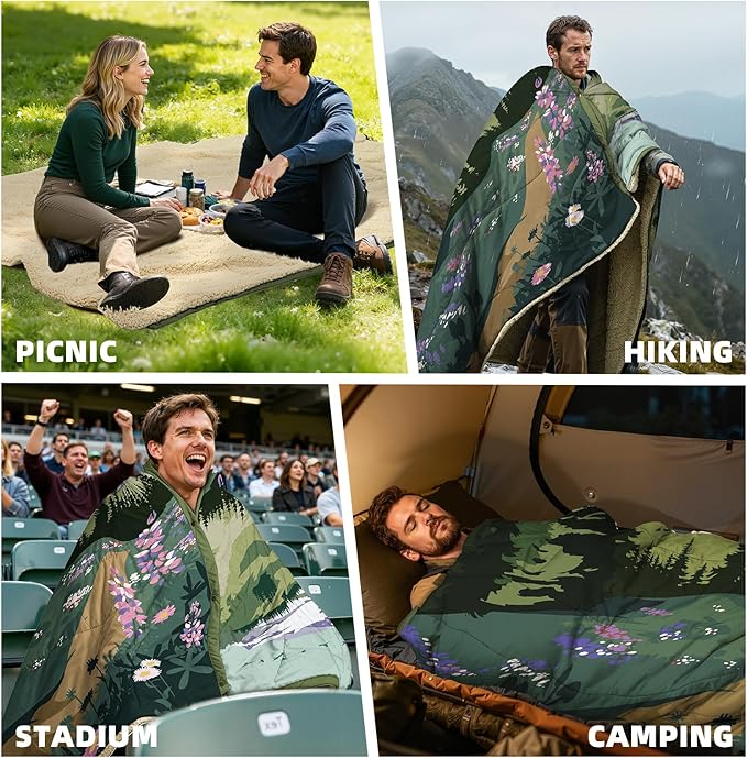 Outdoor Camping Blanket with Sherpa Lining Extra Warm Thick Camp Blankets and Puffy Ultralight Soft Poncho DWR Camping Quilt for Cold Weather Adventure Sleeping Backpacking 78x 56