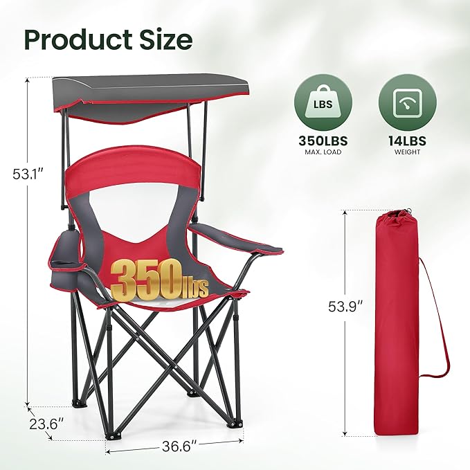 HIGH POINT SPORTS Camping Chairs with Shade Heavy Duty Canopy Lounge Chair Sunshade Hiking Travel Chair with Cup Holder for Outdoor Camping Beach and Patio Red