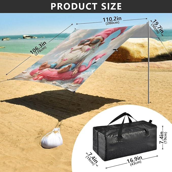 Beach Gnome Beach Tent Sun Shelter 9.2' x 10.5' Beach Canopy with 4 Sandbags 4 Stability Poles Sand Shovels - Tent Canopy for Beach Camping Fishing Picnics