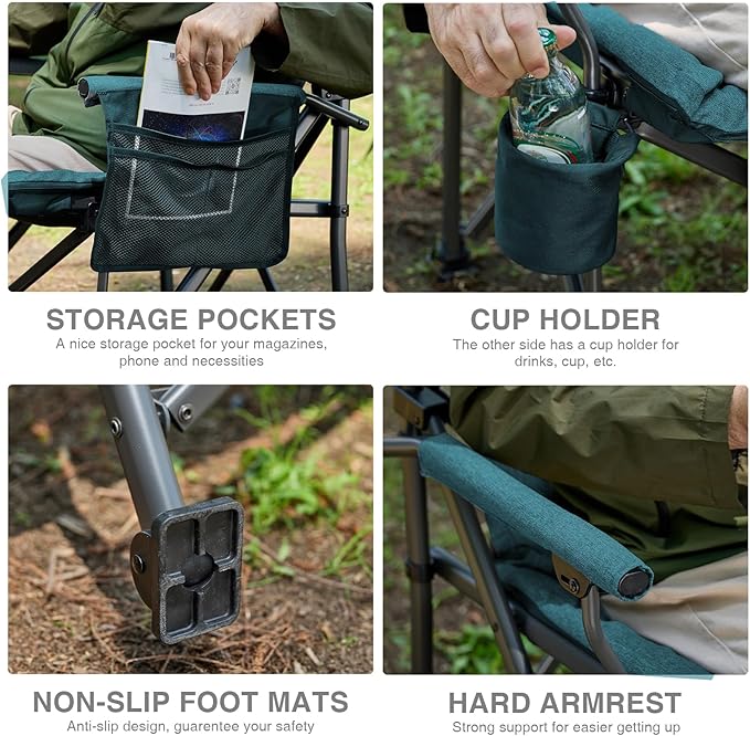 EVER ADVANCED Padded Oversized Folding Camping Chair for Adults Heavy Duty Lawn Chair with Side Pockets Portable Collapsible Quad Chair for Outside Support Up to 500lbs Green