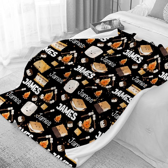 Custom S'Mores Blanket with Name | Personalized Marshmallow Blanket for Girls Boys | Ultra Soft Customized Cookie Throw for Couch/Sofa/Travel/Camping Home Decor - 60x80-Adults/Twin Size