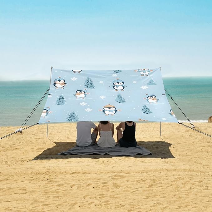 Bolaz Beach Canopy Tent Sun Shade9'×10.5' Large Family Beach Shade UPF50+- Outdoor Shade for Camping Trips FishingPenguin Pattern