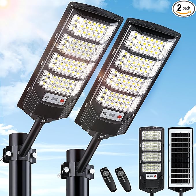 2 Pack Solar Street Lights Outdoor Waterproof6500K LED Motion Sensor LightsDusk to Dawn Solar Flood Lights with RemoteParking Lot LightCommercial Area Lighting for Outside