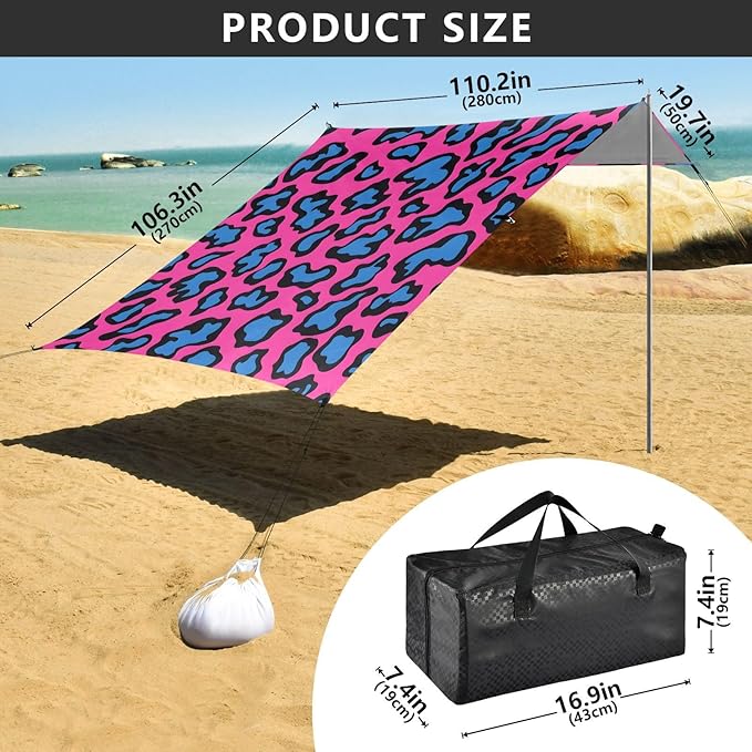ALAZA Pink &amp Blue Leopard Print Cheetah Beach Tent Sun Shelter UPF50+ Protection Beach Shade Canopy w/ 4 Sandbags for Outdoor Camping Fishing Backyard Fun Picnic 10x9 ft