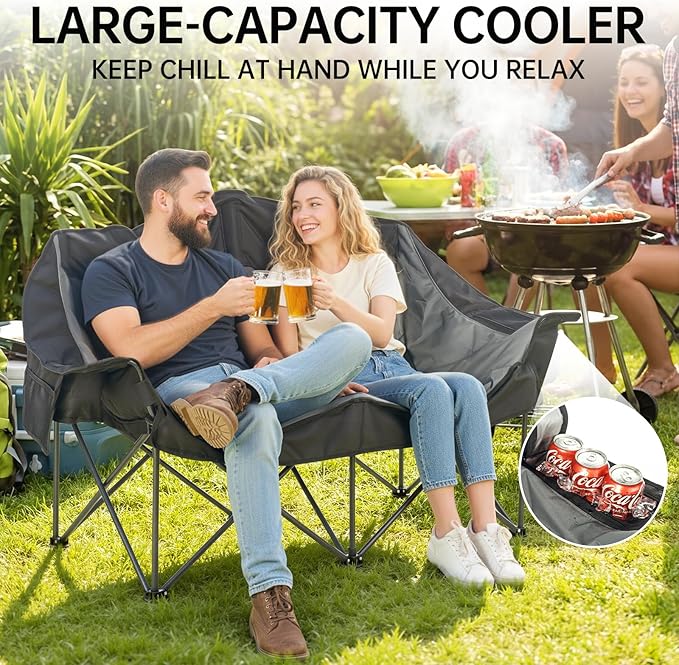 Heavy Duty Double Camping Chair for Adults Oversized 2 Person Camping Loveseat with Thick Padding Folding Outdoor Couch Supports Up to 600 lbs for Family Camping Stargazing Fishing Black &amp Gre