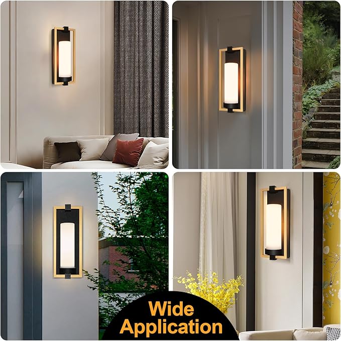 ALVIME Modern Gold Outdoor Wall Light Fixtures 15 Inch 2 Pack Outdoor Wall Sconce for House Waterproof Exterior Lighting Fixtures for Garage Doorway Porch Patio E26 Base&ampEtched Opal Glass