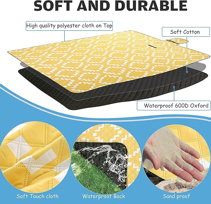 Waterproof Sandproof Travel Blanket Large Yellow Picnic Mat for 2-4 Adults Lightweight Beach Blankets with Carry Strap Foldable Outdoor Blankets for Camping Grass Park
