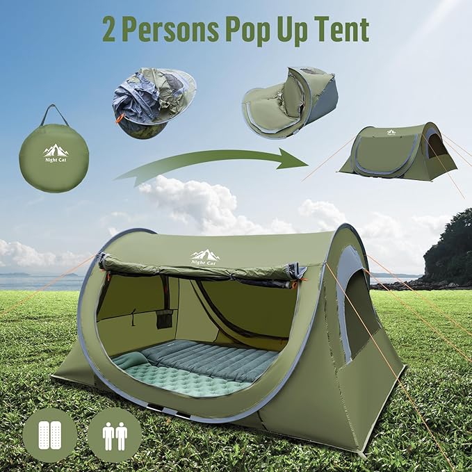 Night Cat Pop-up Camping Tent with Inflatable Double Sleeping Pad for 2 Persons Tent Combo Set