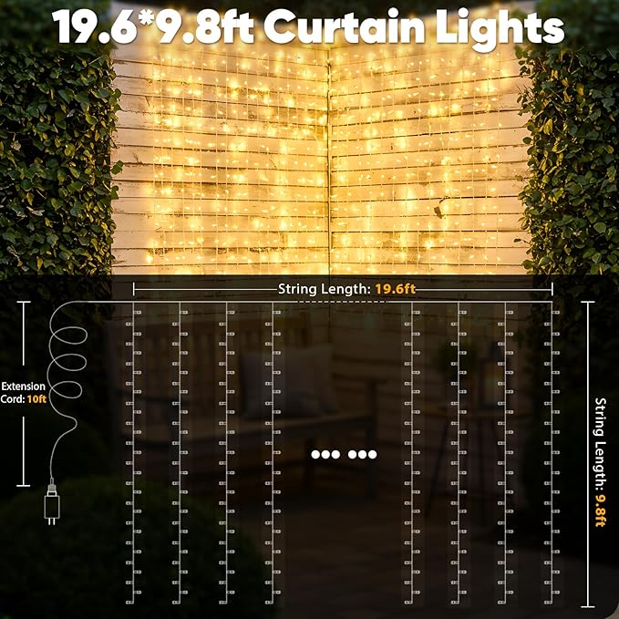 suddus 600 LED Christmas Curtain Lights Outdoor 9.8x19.6ft Curtain Lights Plug in with Remote Wall Hanging Lights for ChristmasDormWallWindowWeddingPartyBirthday DecorWarm White