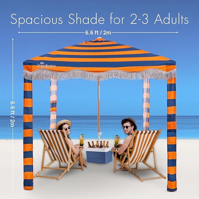 Premium Beach Cabana - Umbrellissimo Navy &amp Orange. Includes Sand Anchor Designer Canvas Prints &amp Fringe finishes Sand Pockets pegs Matching Carry Bag. Easy Set up 6.6'x6.6' of Cool UPF50+