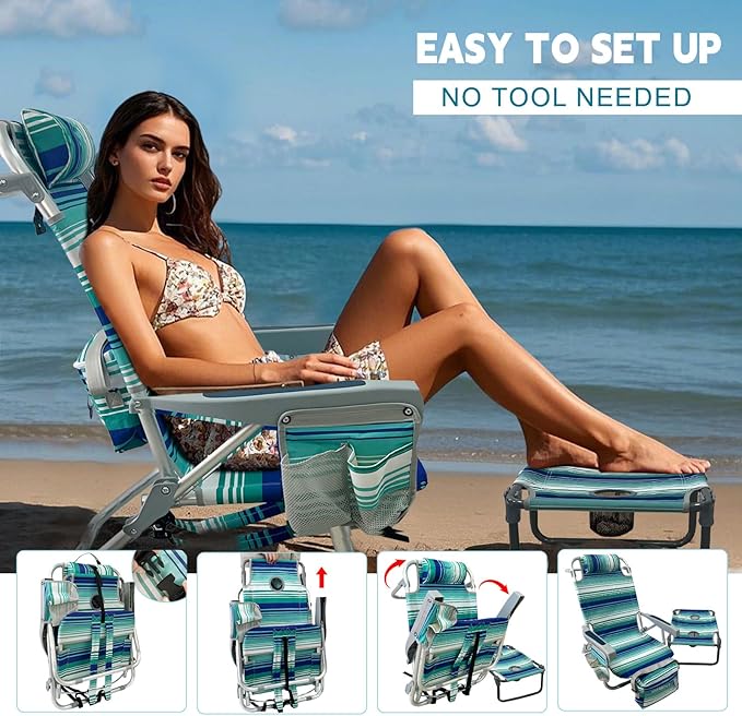 Backpack Beach Chair Aluminum with Folding Camping Table 5-Position Lay Flat Lounge Chair Outdoor for Adults with Insulated Cooler Bag and Cup Holder