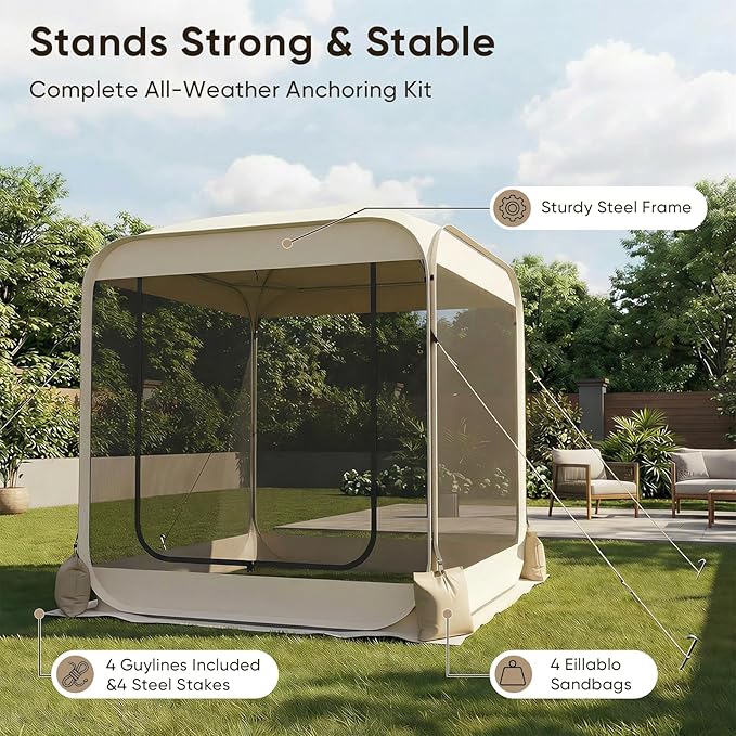 TABU Pop Up Screen House Tent 6x6 FT Screen Room Canopy with Mosquito Mesh Instant UV Resistant Shelter with Carry Bag for 2-4 Person Backyard Sports Hiking Beige