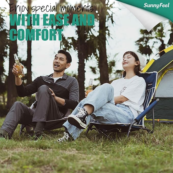SUNNYFEEL Folding Low Camping Beach Chair 2 Pack Portable Backpacking Chairs with Cup HolderCarry Bag Compact &amp Heavy Duty for Adults 300 LBS for Outdoor Picnic Fishing Sand Lawn