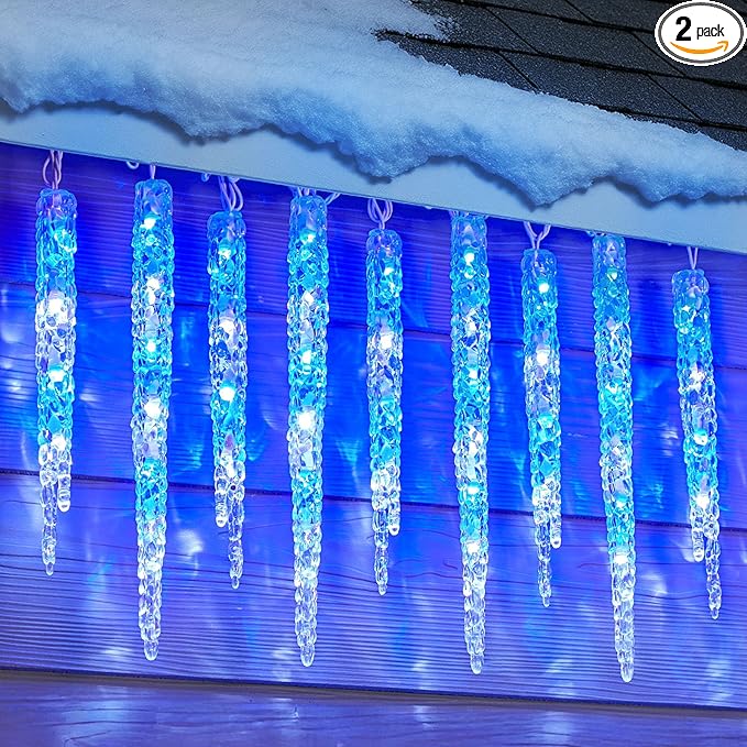 Minetom Icicle Lights Outdoor with Clips 2 Pack Total 40ft 200 LED 40 Tubes Twinkling Connectable Hanging Ice Shape Christmas String Lights Plug in for Eave Holiday Outdoor Blue and White