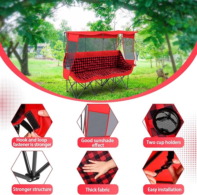 3 Person Camping Chair with Canopy Shade 700lbs Heavy Duty Oversized Beach Camping Chair with Thick Cushion Cup Holder and Carry Bag Foldable Portable Sofa for Lawn Beach Outdoor(Red Black)