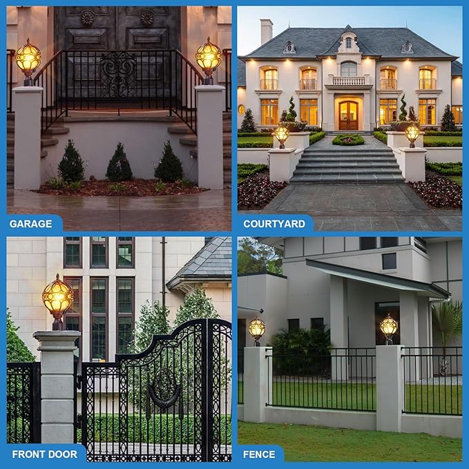 2 Pack Outdoor Globe Lamp Post Light Fixtures 15.8 Black Sphere Post Top Lantern for Patio Porch Driveway Hardwired Anti-Rust Aluminum Pillar Light with Amber Glass Fits Standard 3 Post