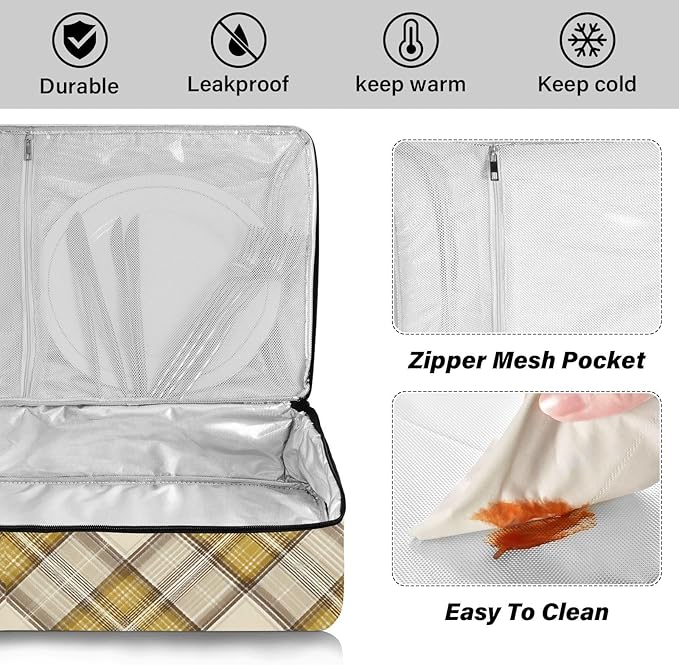 Casserole Carrier Yellow and Brown Tartan Print Pattern Insulated Casserole Carrier for Hot or Cold Food Thermal Lunch Tote for Parties Picnic Travel Carry Bag