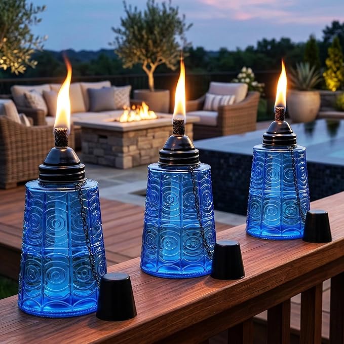 Seraphic Citronella Table Top Torches for Outdoor Patio 16oz Decorative Glass Torch Citronella Candles for Outside Deck Garden Parties Set of 3 Cobalt Blue