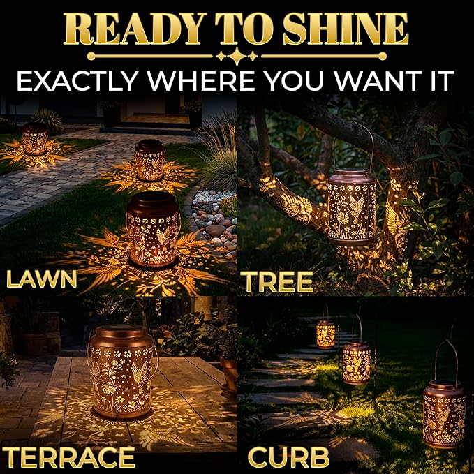 Hummingbird Lantern Lights – Vintage Metal Garden Outdoor Lanterns | Warm LED Glow for Yard Patio and Balcony Decoration | Hummingbird Gifts for Women Mom &amp Grandma