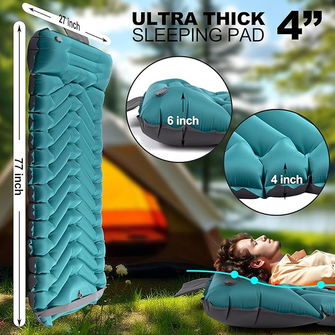Sleeping Pad with Pillow Self Inflating Extra-Thick Ultralight Sleeping Mat Built-in Pump Ultimate for Camping Hiking Traveling Airpad Carry Bag Compact &amp Lightweight Air Mattress (Peacoc