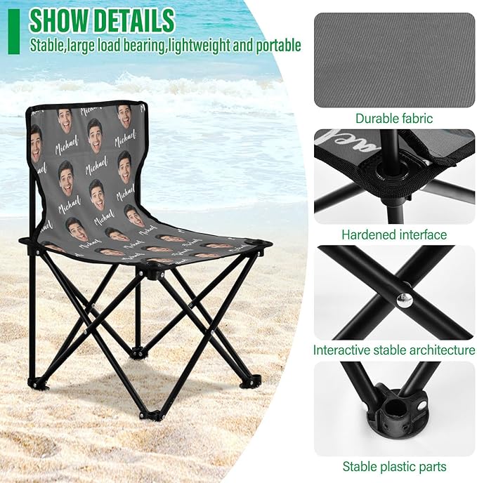 Sinestour Dark Gray Custom Photo Folding Camping Chair for Teen Child Personalized Name 14.6×14.6in Portable Outdoor Chair with Carry Bag for Picnic Barbeques Beach